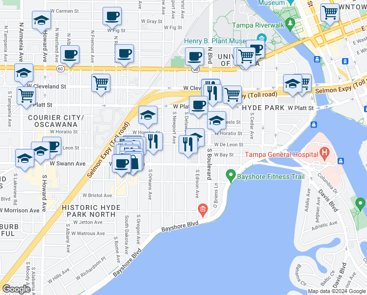 map of restaurants, bars, coffee shops, grocery stores, and more near 1107 West De Leon Street in Tampa