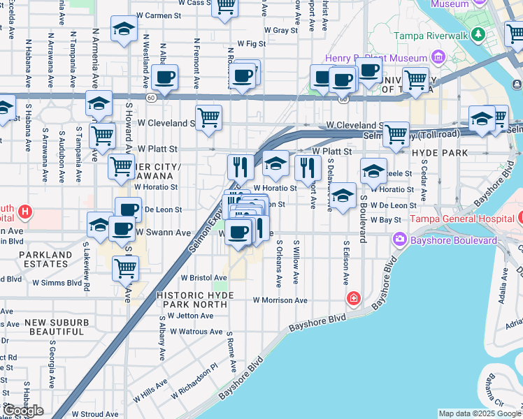 map of restaurants, bars, coffee shops, grocery stores, and more near 510 South Oregon Avenue in Tampa