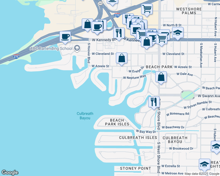 map of restaurants, bars, coffee shops, grocery stores, and more near 21 South Treasure Drive in Tampa