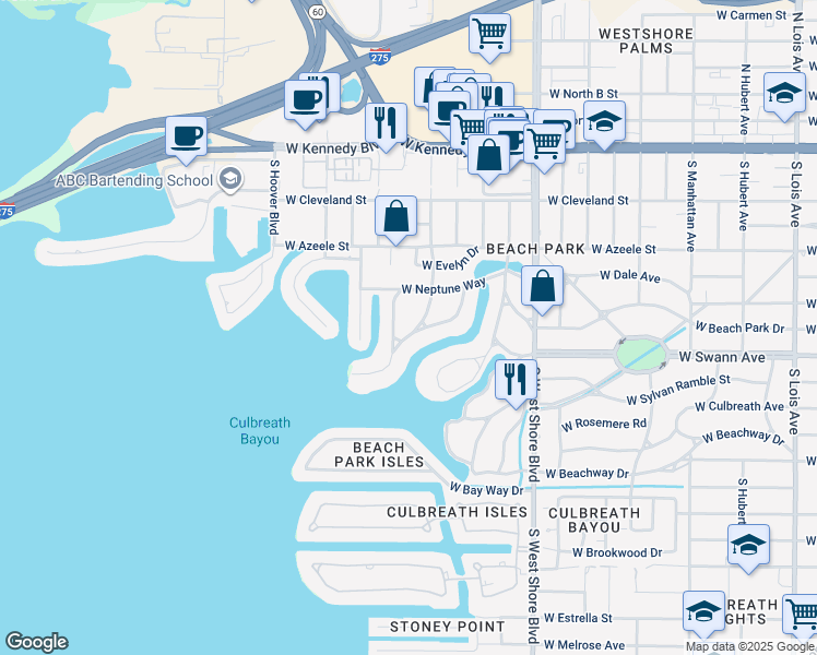 map of restaurants, bars, coffee shops, grocery stores, and more near 5123 West Neptune Way in Tampa