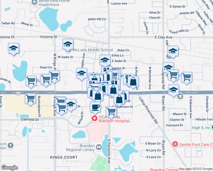 map of restaurants, bars, coffee shops, grocery stores, and more near 101-119 Fontaine St in Brandon