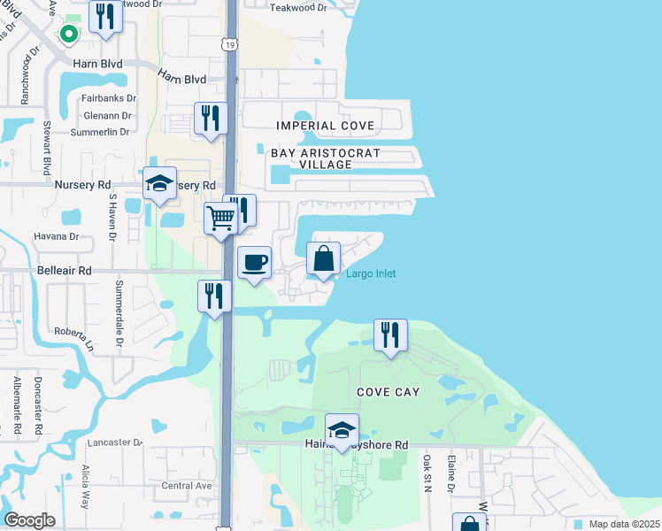 map of restaurants, bars, coffee shops, grocery stores, and more near 2731 Via Capri in Clearwater
