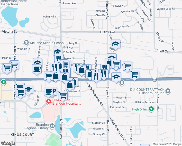 map of restaurants, bars, coffee shops, grocery stores, and more near 145 Picardy Villa Circle in Brandon