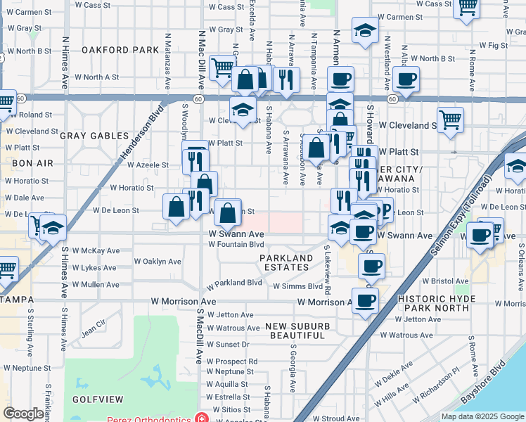 map of restaurants, bars, coffee shops, grocery stores, and more near 2803 West De Leon Street in Tampa