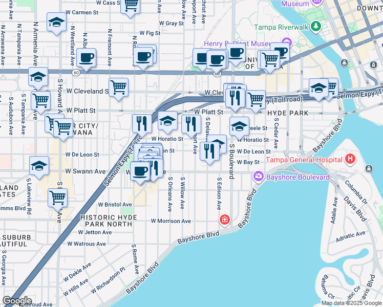 map of restaurants, bars, coffee shops, grocery stores, and more near 1107 West De Leon Street in Tampa