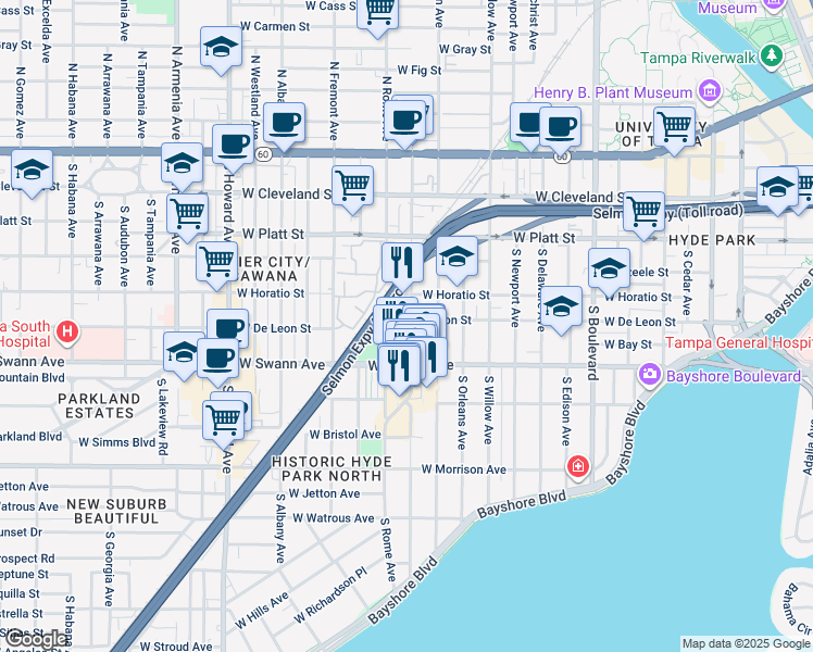 map of restaurants, bars, coffee shops, grocery stores, and more near 509 South Dakota Avenue in Tampa