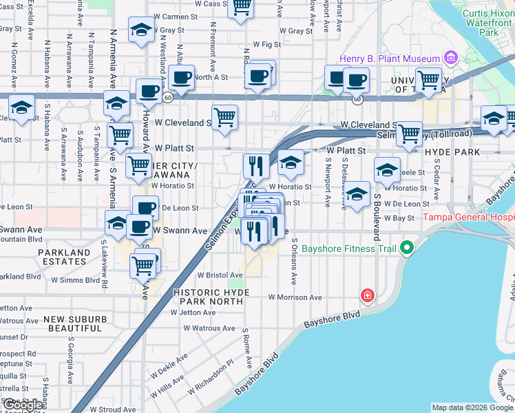map of restaurants, bars, coffee shops, grocery stores, and more near 509 South Dakota Avenue in Tampa