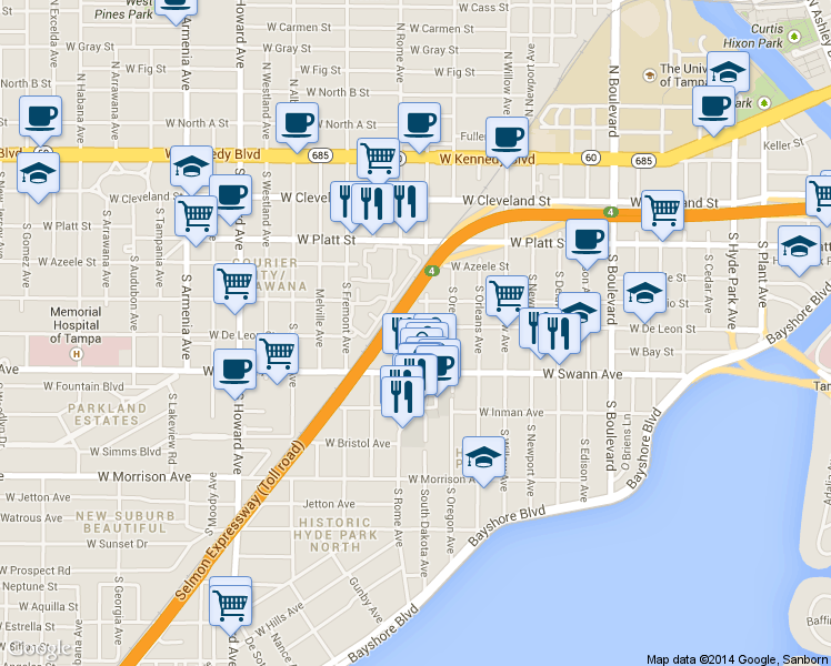 map of restaurants, bars, coffee shops, grocery stores, and more near 509 South Dakota Avenue in Tampa