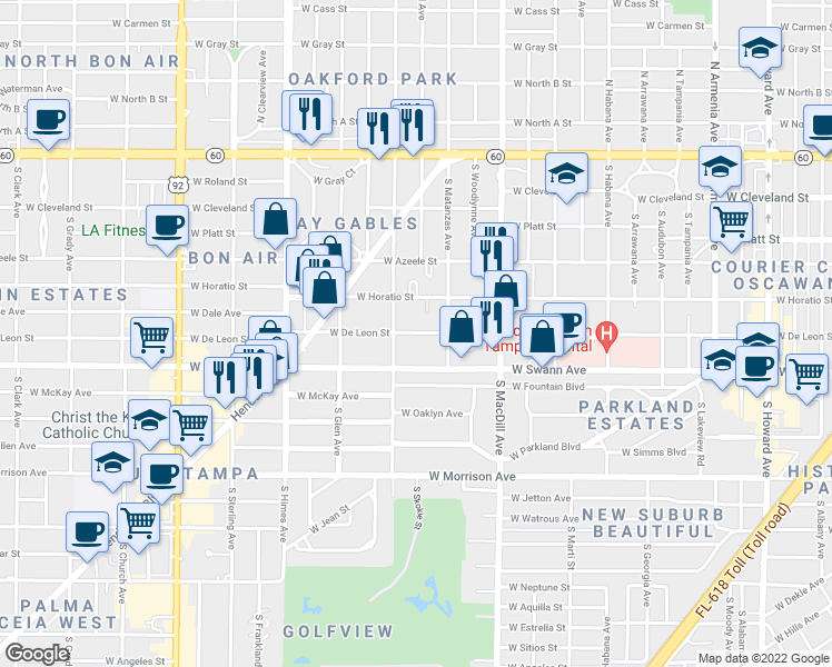 map of restaurants, bars, coffee shops, grocery stores, and more near 3219 West De Leon Street in Tampa