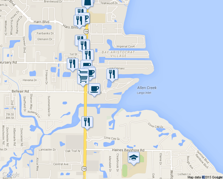 map of restaurants, bars, coffee shops, grocery stores, and more near 2722 Via Tivoli in Clearwater