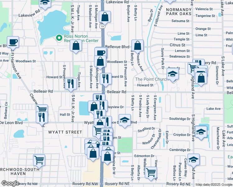 map of restaurants, bars, coffee shops, grocery stores, and more near 1581 Young Avenue in Clearwater
