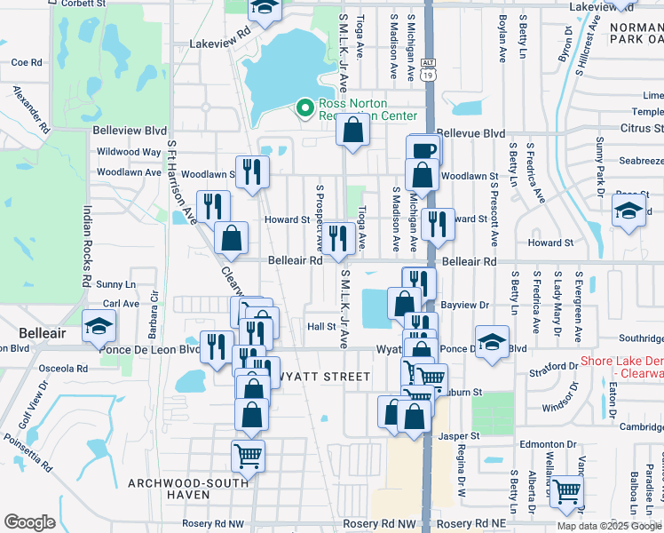 map of restaurants, bars, coffee shops, grocery stores, and more near 902 Belleair Road in Clearwater