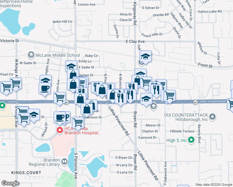 map of restaurants, bars, coffee shops, grocery stores, and more near 455 Belle Montclair Loop in Brandon