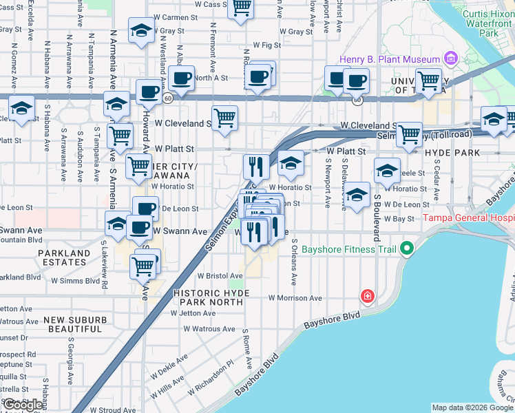 map of restaurants, bars, coffee shops, grocery stores, and more near 509 South Dakota Avenue in Tampa