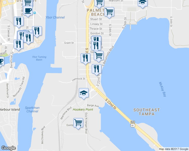 map of restaurants, bars, coffee shops, grocery stores, and more near 2017 Oceanview Place in Tampa