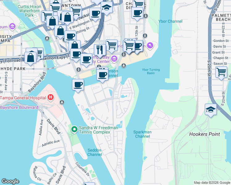 map of restaurants, bars, coffee shops, grocery stores, and more near 732 Seagate Drive in Tampa