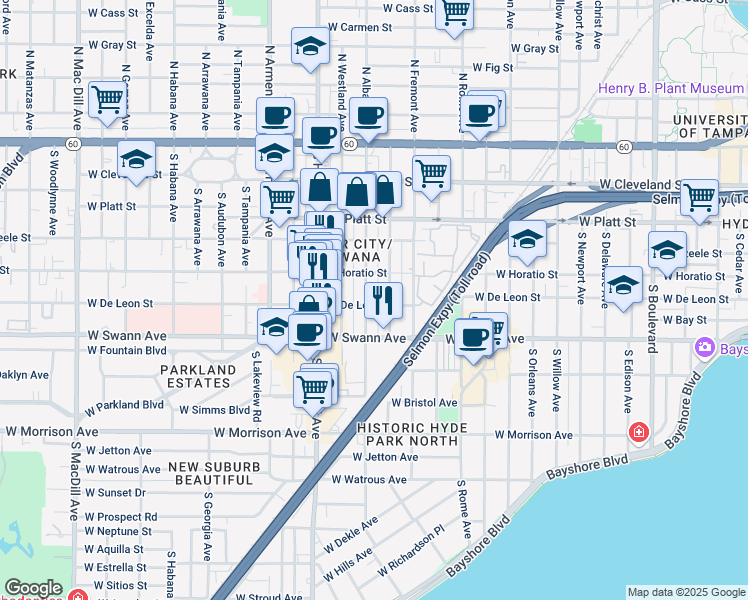 map of restaurants, bars, coffee shops, grocery stores, and more near 509 South Melville Avenue in Tampa