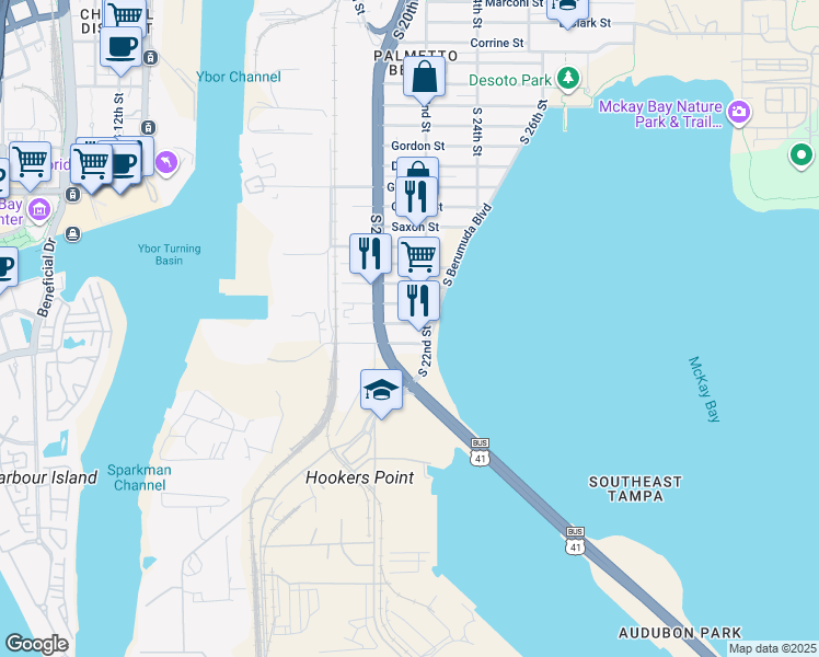 map of restaurants, bars, coffee shops, grocery stores, and more near 2017 Oceanview Place in Tampa