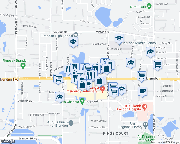 map of restaurants, bars, coffee shops, grocery stores, and more near 809 Russell Lane in Brandon