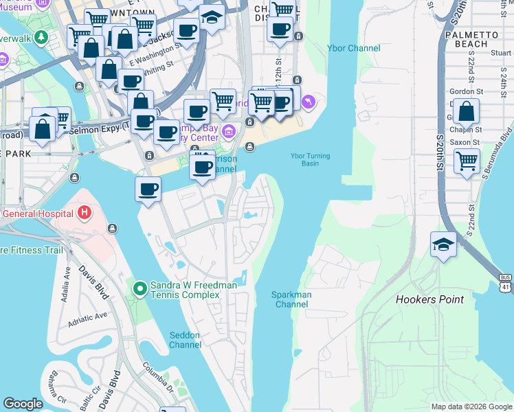 map of restaurants, bars, coffee shops, grocery stores, and more near 605 Tropical Breeze Way in Tampa