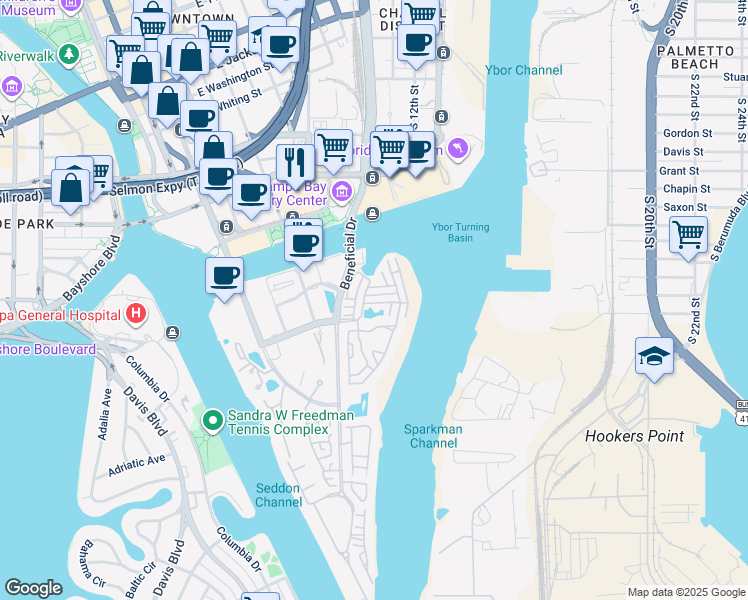 map of restaurants, bars, coffee shops, grocery stores, and more near 732 Seagate Drive in Tampa