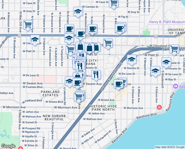 map of restaurants, bars, coffee shops, grocery stores, and more near 509 South Melville Avenue in Tampa
