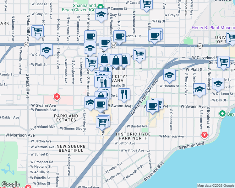 map of restaurants, bars, coffee shops, grocery stores, and more near 509 South Melville Avenue in Tampa