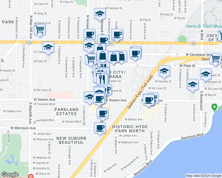 map of restaurants, bars, coffee shops, grocery stores, and more near 512 South Westland Avenue in Tampa