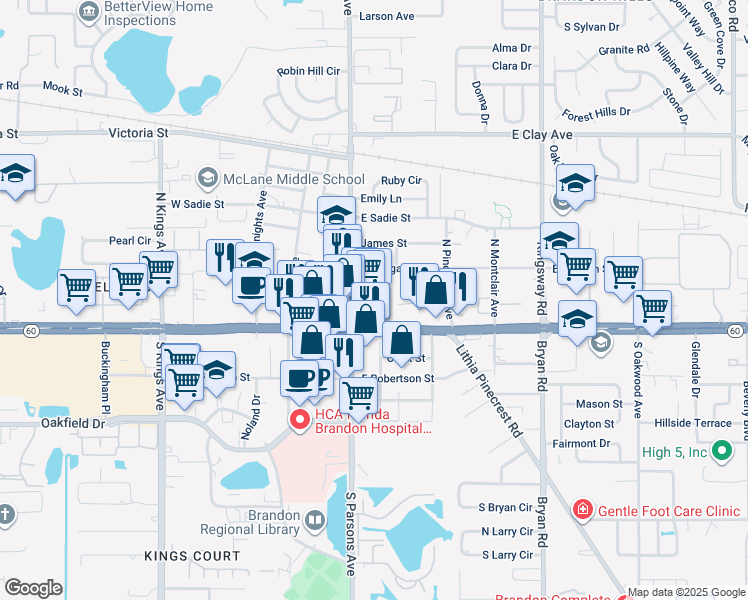 map of restaurants, bars, coffee shops, grocery stores, and more near 119 Fontaine Street in Brandon
