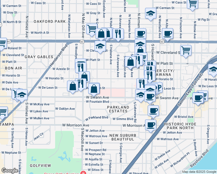 map of restaurants, bars, coffee shops, grocery stores, and more near 2803 West De Leon Street in Tampa