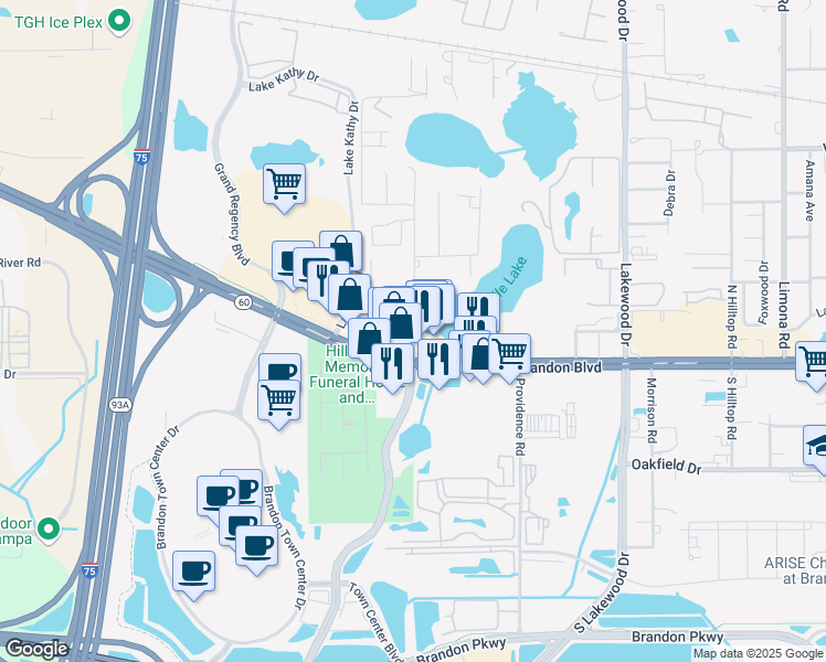 map of restaurants, bars, coffee shops, grocery stores, and more near 130 Gornto Lake Road in Brandon