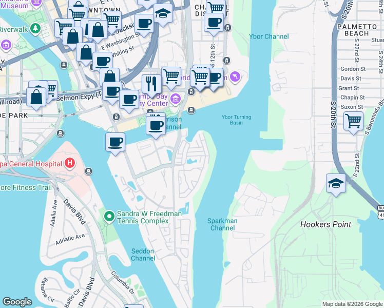 map of restaurants, bars, coffee shops, grocery stores, and more near 732 Seagate Drive in Tampa