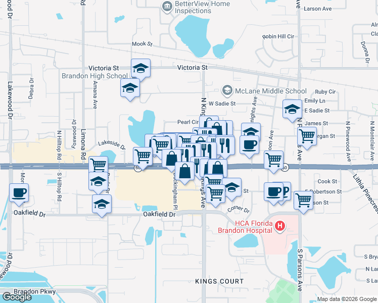 map of restaurants, bars, coffee shops, grocery stores, and more near 116 North Kings Avenue in Brandon