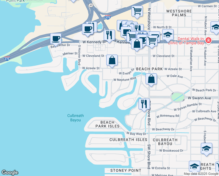 map of restaurants, bars, coffee shops, grocery stores, and more near 5123 West Neptune Way in Tampa