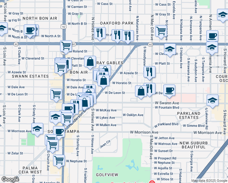 map of restaurants, bars, coffee shops, grocery stores, and more near 3315 West De Leon Street in Tampa
