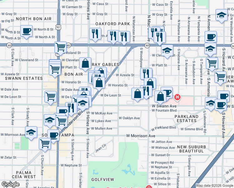 map of restaurants, bars, coffee shops, grocery stores, and more near 3219 West De Leon Street in Tampa