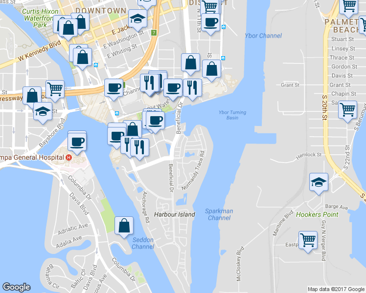 map of restaurants, bars, coffee shops, grocery stores, and more near 732 Seagate Drive in Tampa
