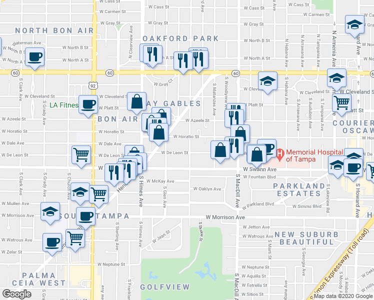 map of restaurants, bars, coffee shops, grocery stores, and more near 3219 West De Leon Street in Tampa