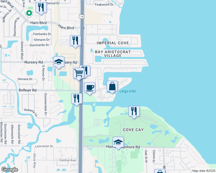 map of restaurants, bars, coffee shops, grocery stores, and more near 2722 Via Tivoli in Clearwater