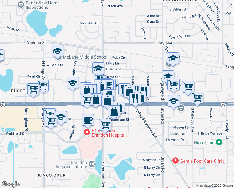 map of restaurants, bars, coffee shops, grocery stores, and more near 121 Carver Avenue in Brandon
