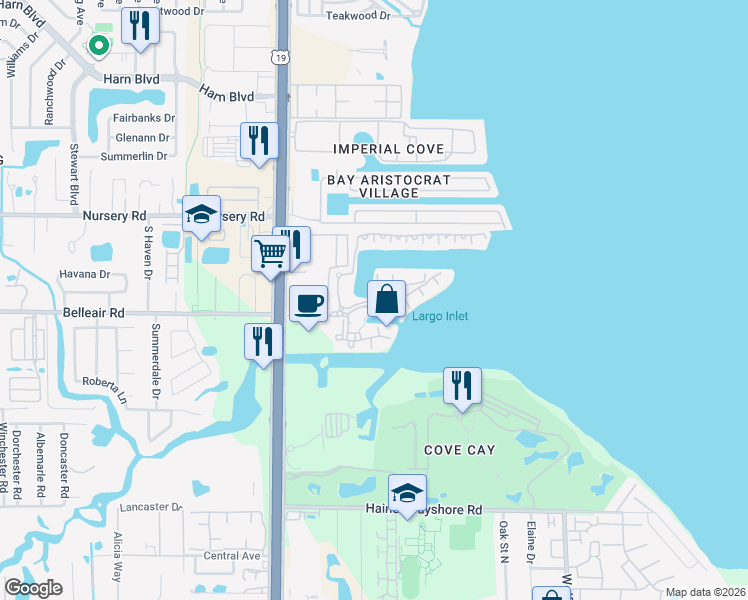 map of restaurants, bars, coffee shops, grocery stores, and more near 2722 Via Tivoli in Clearwater