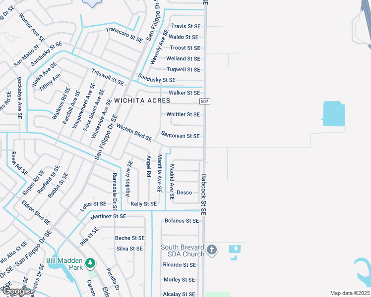 map of restaurants, bars, coffee shops, grocery stores, and more near 1610 Wichita Boulevard Southeast in Palm Bay