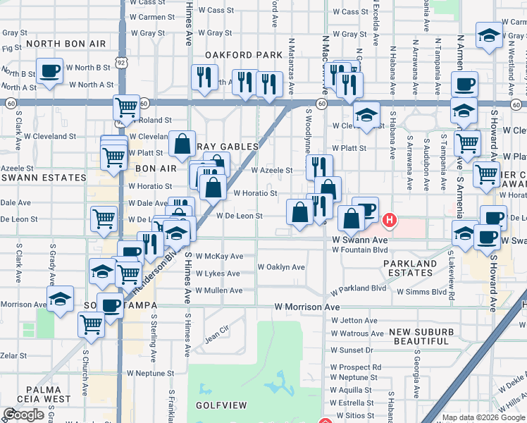 map of restaurants, bars, coffee shops, grocery stores, and more near 3219 West De Leon Street in Tampa