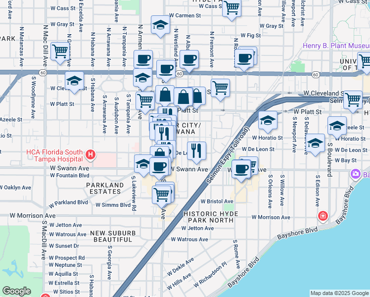 map of restaurants, bars, coffee shops, grocery stores, and more near 515 South Albany Avenue in Tampa