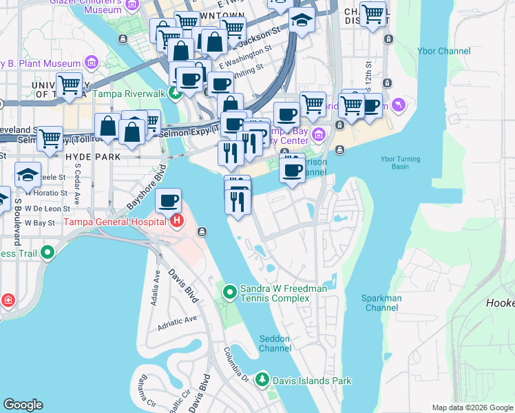 map of restaurants, bars, coffee shops, grocery stores, and more near 700 South Harbour Island Boulevard in Tampa