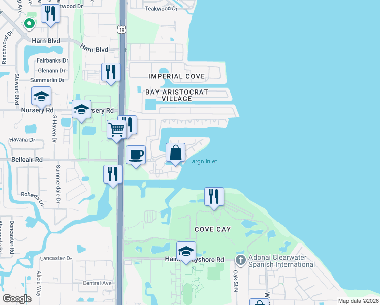 map of restaurants, bars, coffee shops, grocery stores, and more near 2739 Via Capri in Clearwater