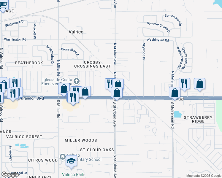 map of restaurants, bars, coffee shops, grocery stores, and more near 2802 Cottens Drive in Valrico
