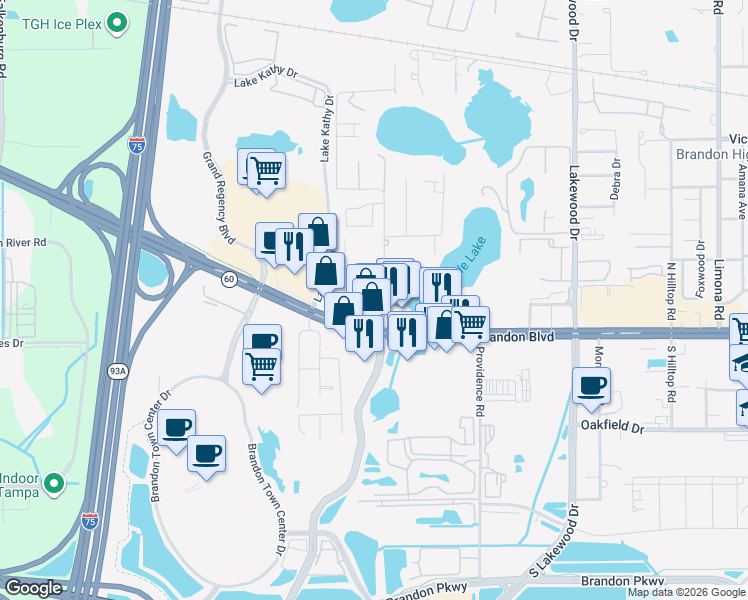 map of restaurants, bars, coffee shops, grocery stores, and more near 130 Gornto Lake Road in Brandon