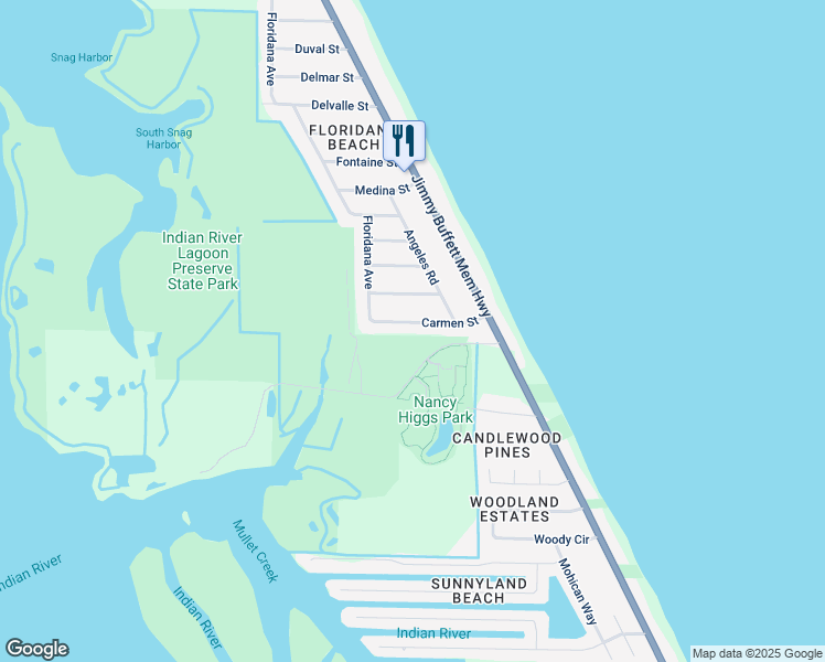 map of restaurants, bars, coffee shops, grocery stores, and more near 111 Carmen Street in Melbourne Beach