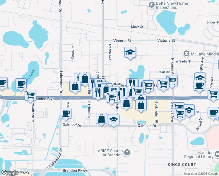 map of restaurants, bars, coffee shops, grocery stores, and more near 1221 Lakeside Drive in Brandon
